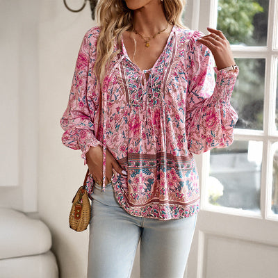 Blusa Boho Blusa Mulher de decote comprido com arco de tecido fresco
