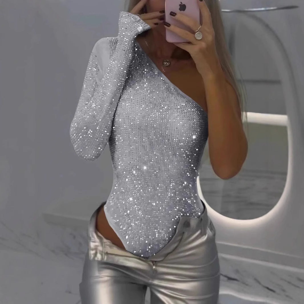 Boridashop | One-Shoulder-Pailletten-Top mit Strasssteinen