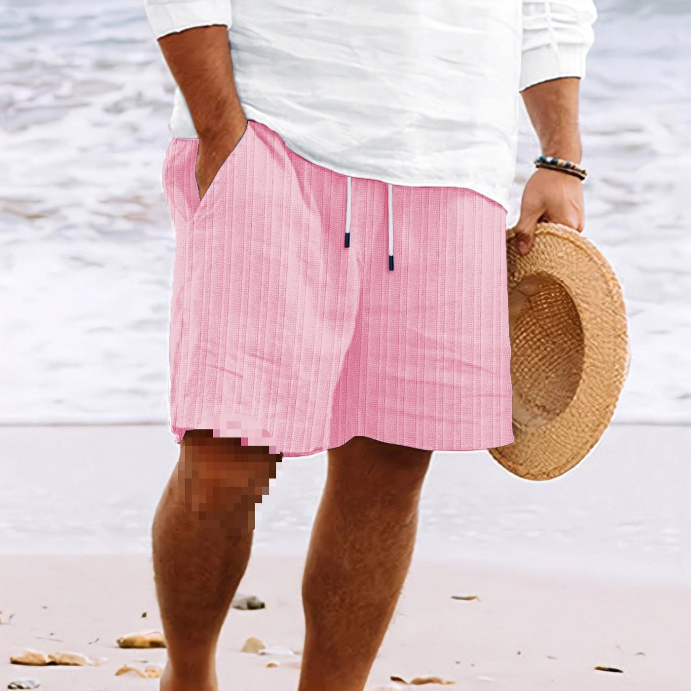 Calça homens bolsos de algodão lino e cintura elástica