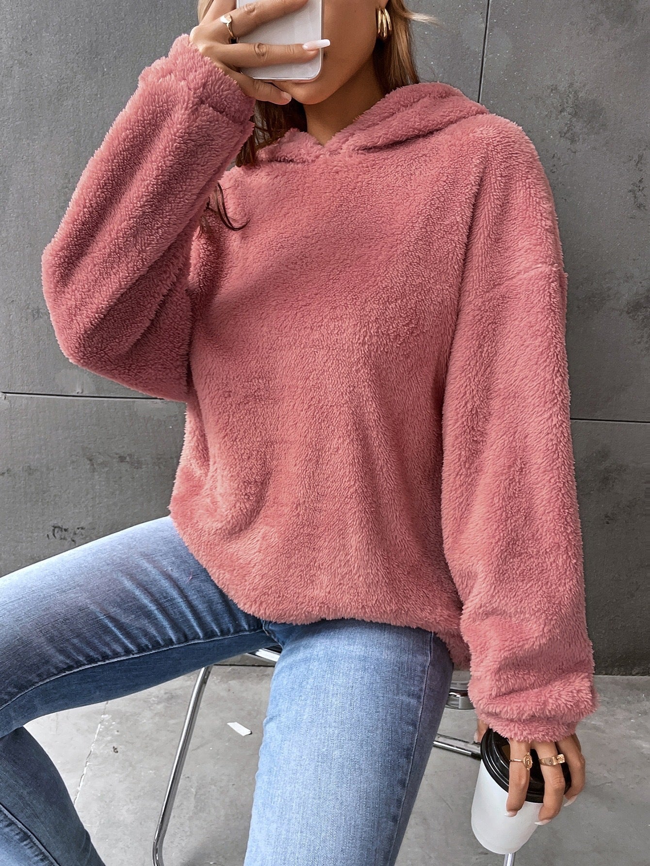 Felpa con cappuccio da donna - Maglione in pile - Modello corto - Vestibilità comoda - Maniche lunghe
