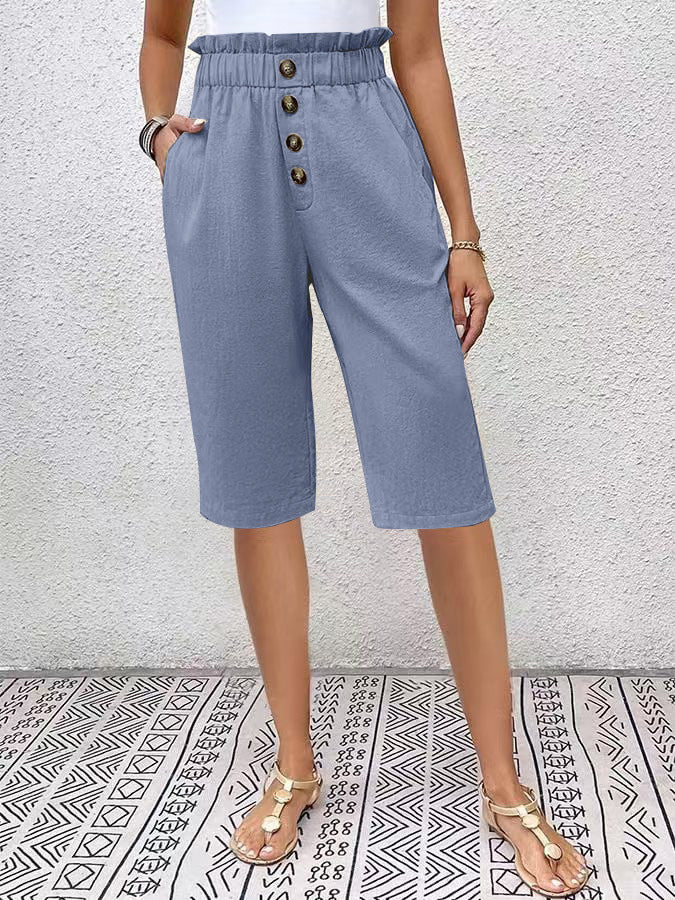 Bermuda feminina - corte holgado - cintura elástica - botões na frente - material leve