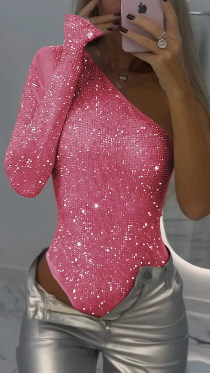 Boridashop | One-Shoulder-Pailletten-Top mit Strasssteinen