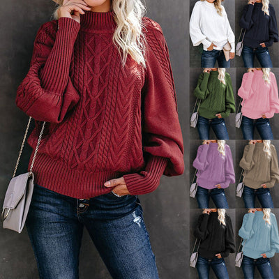 Jersey de punto grueso para mujer con cuello alto y mangas voluminosas