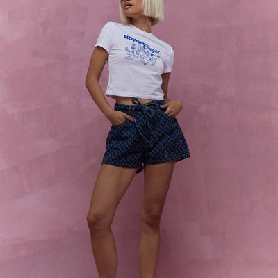 Shorts de cowgiller para mulheres - cintura alta - corte relaxado - cordão ajustável - design de cinco bolsos