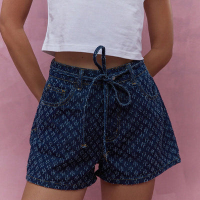 Shorts de cowgiller para mulheres - cintura alta - corte relaxado - cordão ajustável - design de cinco bolsos