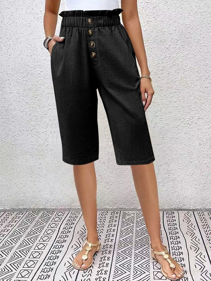 Bermuda feminina - corte holgado - cintura elástica - botões na frente - material leve
