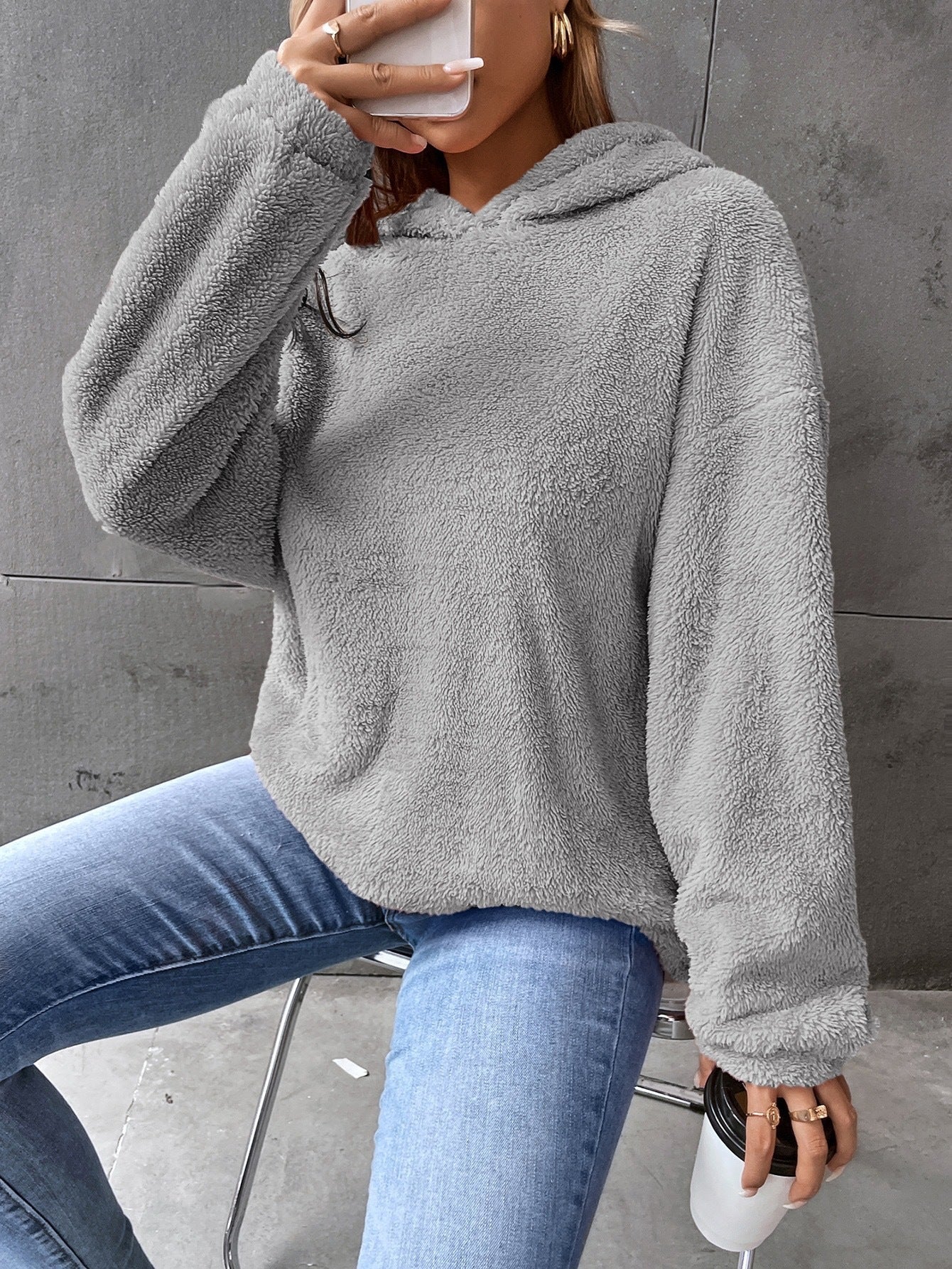Felpa con cappuccio da donna - Maglione in pile - Modello corto - Vestibilità comoda - Maniche lunghe
