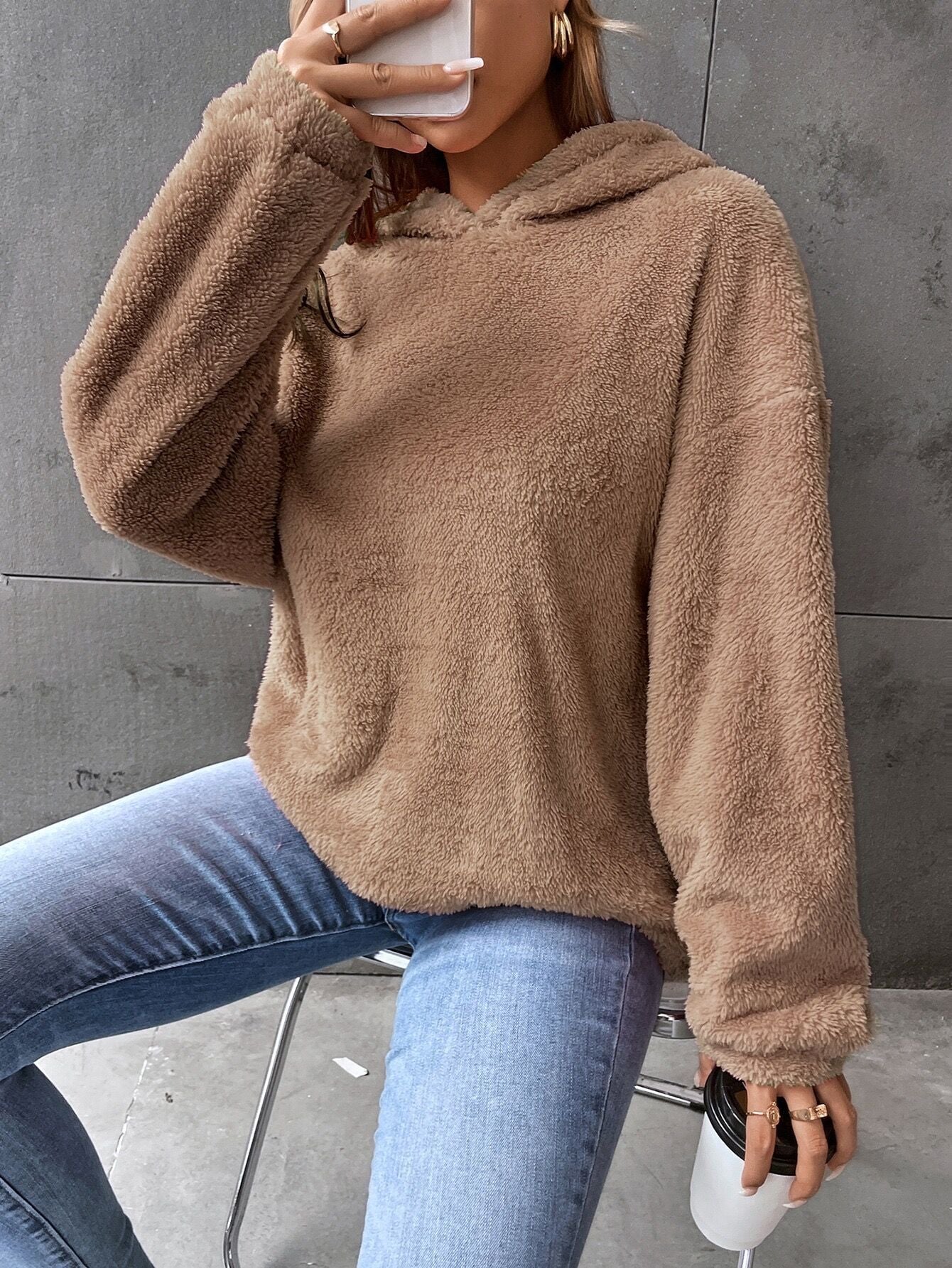 Felpa con cappuccio da donna - Maglione in pile - Modello corto - Vestibilità comoda - Maniche lunghe