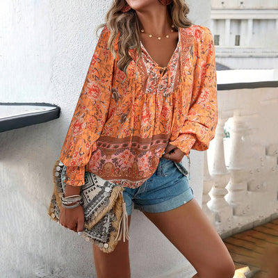 Blusa Boho Blusa Mulher de decote comprido com arco de tecido fresco