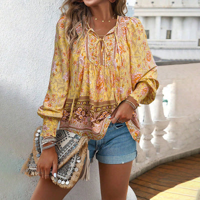 Blusa Boho Blusa Mulher de decote comprido com arco de tecido fresco