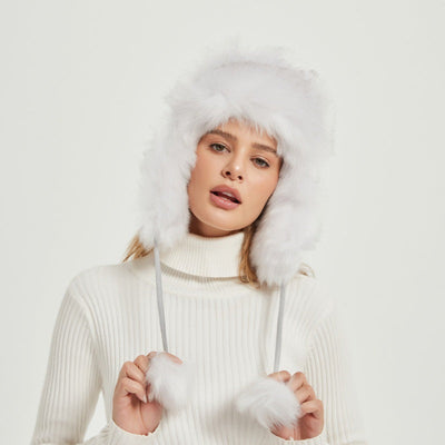 Gorro de inverno esponjoso para mulher com orelhas de animal e design volumoso