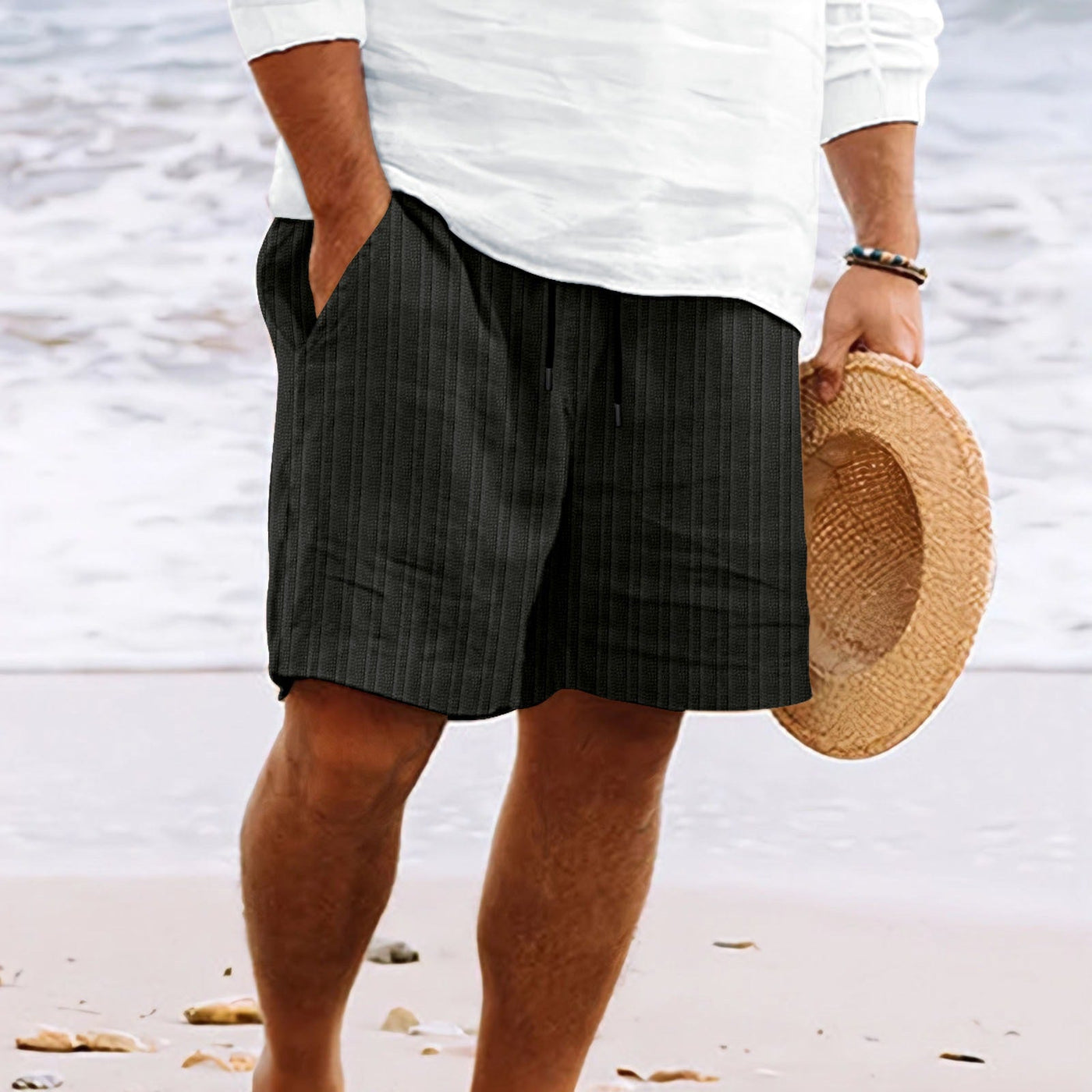 Calça homens bolsos de algodão lino e cintura elástica
