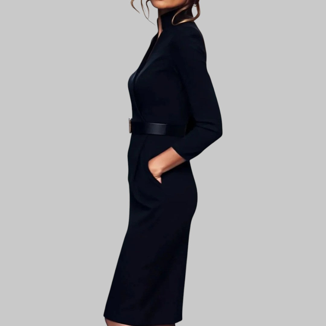 Damen Midi-Kleid mit langen Ärmeln und Taillengürtel