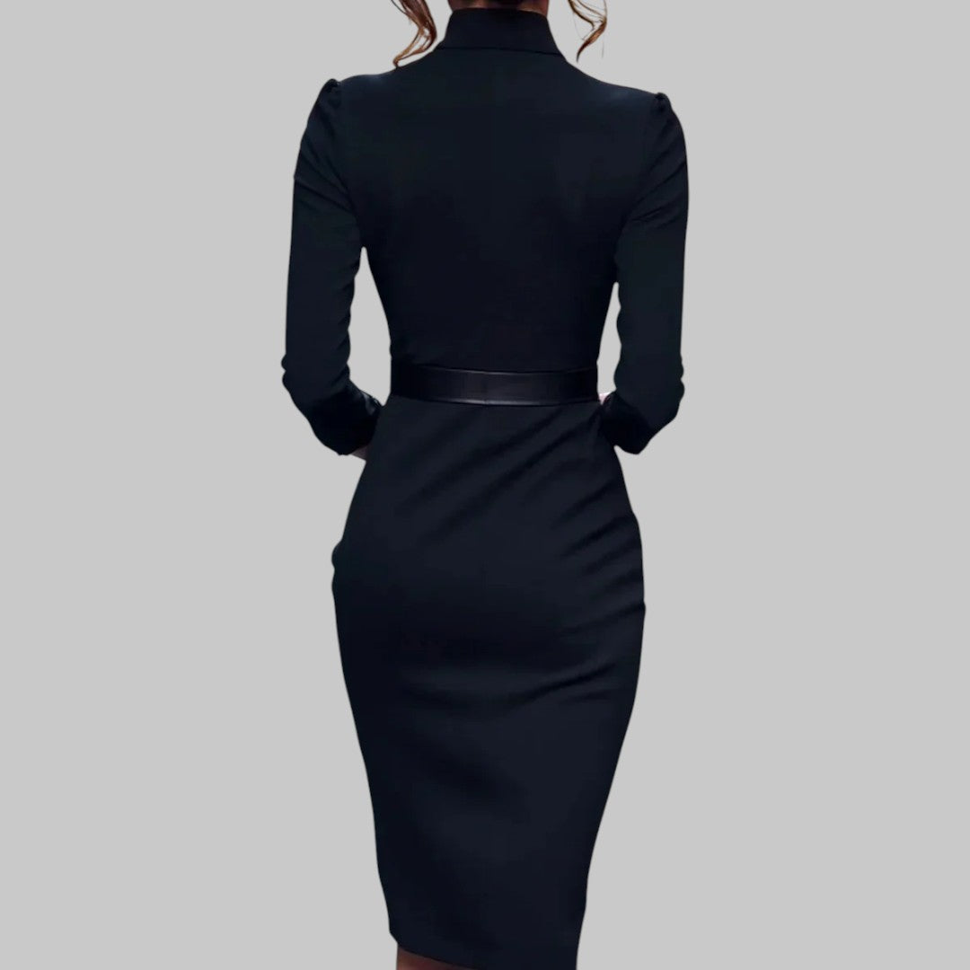 Damen Midi-Kleid mit langen Ärmeln und Taillengürtel
