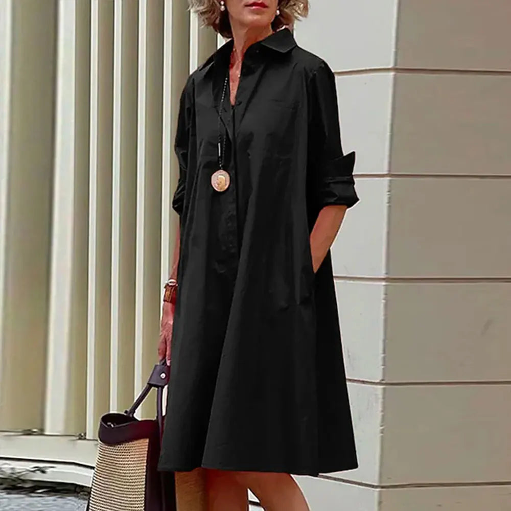 Damen Hemdkleid in A-Linie - geknöpft - lange Ärmel - klassischer Kragen - knielang