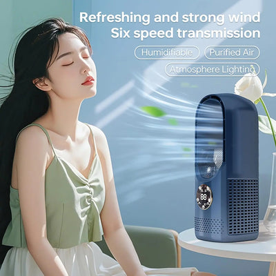 Fan sem lâminas com umidificador e luz RGB - silenciosa e sem fio para casa e viagens