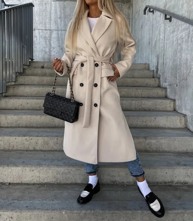 Elegante casaco de inverno para mulher, comprido, de dupla face, com cinto - perfeito para outono/inverno