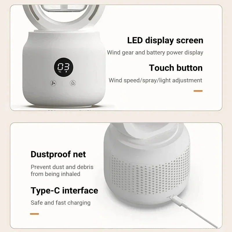 Fan sem lâminas com luz noturna e função de spray - silencioso e laptop para o quarto e o escritório