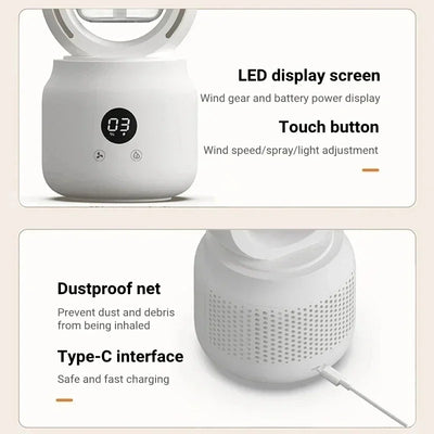 Fan sem lâminas com luz noturna e função de spray - silencioso e laptop para o quarto e o escritório