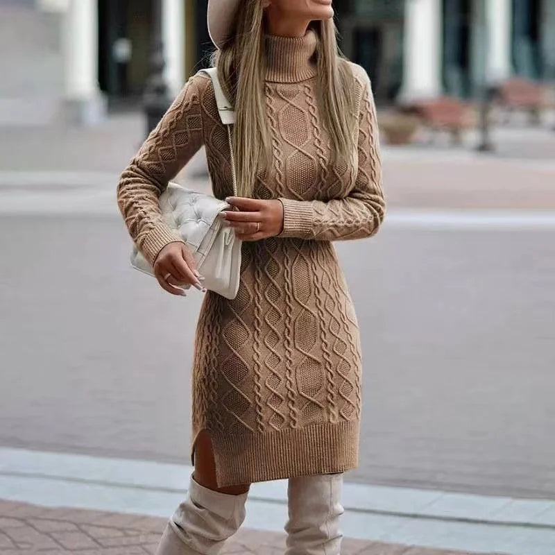 Vestido de malha feminino com pescoço alto