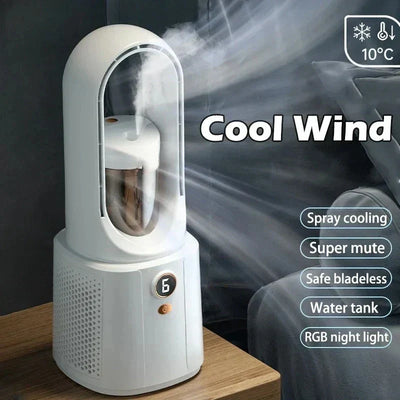 Fã de quarto sem lâminas com refrigeração devido à luz de spray e luz noturna - Miniventilador silencioso para dormir melhor no verão