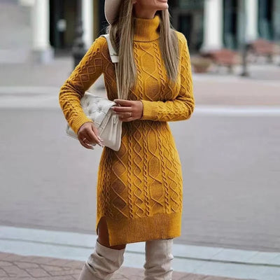 Vestido de malha feminino com pescoço alto