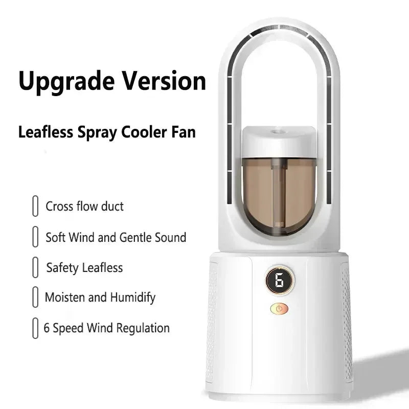 Fã de quarto sem lâminas com refrigeração devido à luz de spray e luz noturna - Miniventilador silencioso para dormir melhor no verão