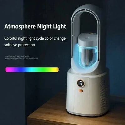 Fã de quarto sem lâminas com refrigeração devido à luz de spray e luz noturna - Miniventilador silencioso para dormir melhor no verão