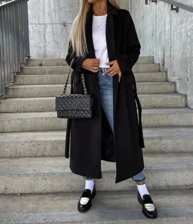 Elegante casaco de inverno para mulher, comprido, de dupla face, com cinto - perfeito para outono/inverno