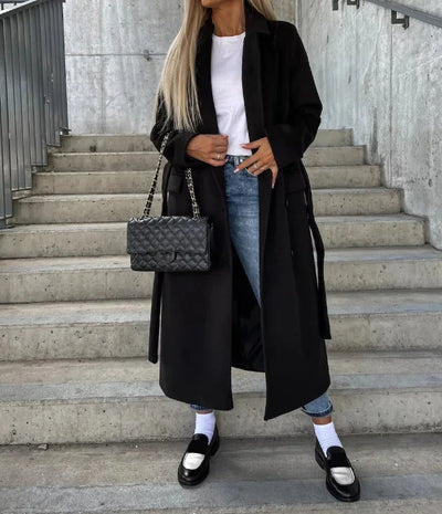 Elegante casaco de inverno para mulher, comprido, de dupla face, com cinto - perfeito para outono/inverno
