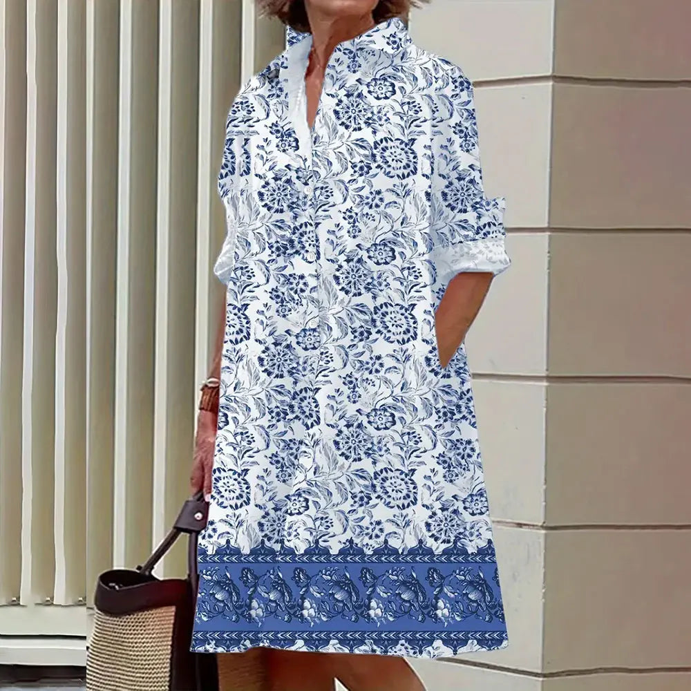 Damen Hemdkleid in A-Linie - geknöpft - lange Ärmel - klassischer Kragen - knielang
