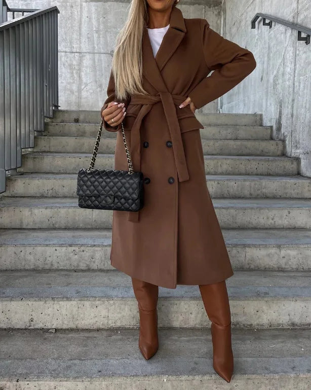 Elegante casaco de inverno para mulher, comprido, de dupla face, com cinto - perfeito para outono/inverno