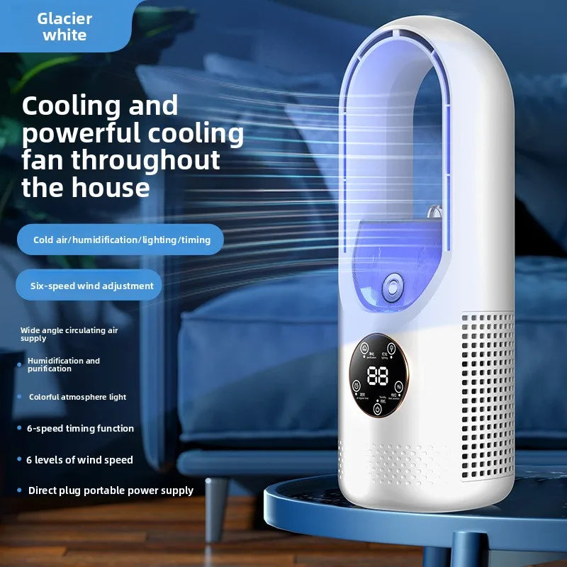 Fan sem lâminas com umidificador e luz RGB - silenciosa e sem fio para casa e viagens