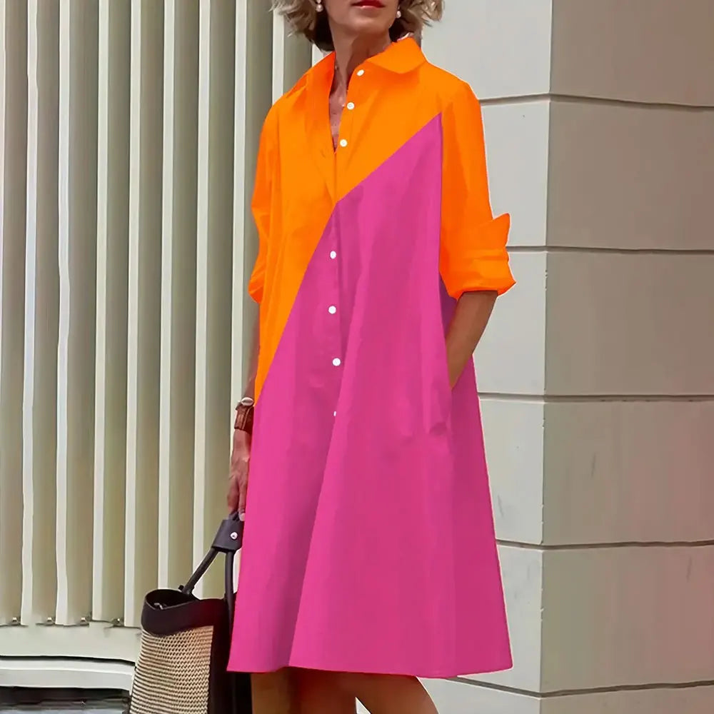 Damen Hemdkleid in A-Linie - geknöpft - lange Ärmel - klassischer Kragen - knielang