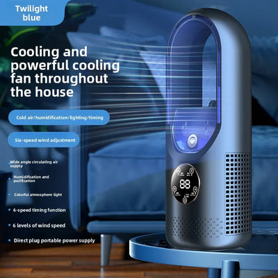 Fan sem lâminas com umidificador e luz RGB - silenciosa e sem fio para casa e viagens