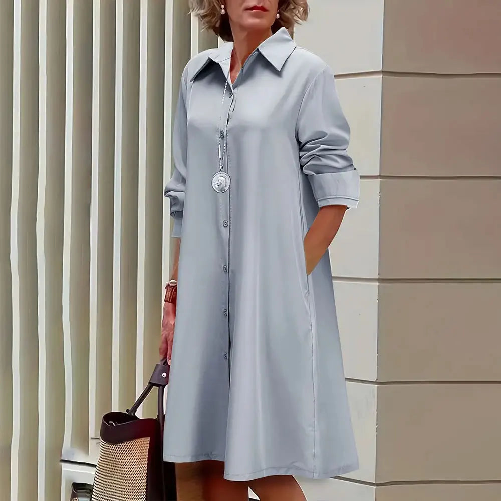 Damen Hemdkleid in A-Linie - geknöpft - lange Ärmel - klassischer Kragen - knielang