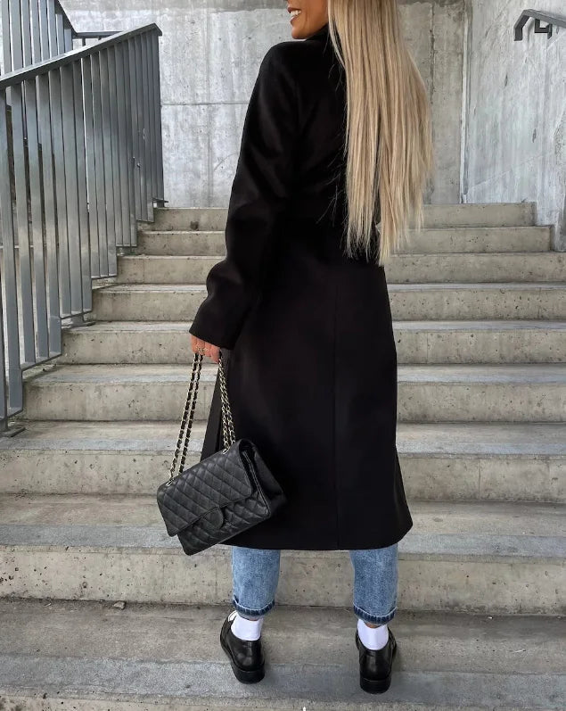 Elegante casaco de inverno para mulher, comprido, de dupla face, com cinto - perfeito para outono/inverno