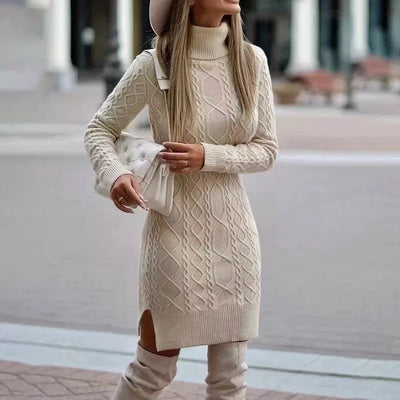 Vestido de malha feminino com pescoço alto