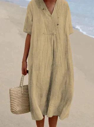 Vestido de mulher de linho com um V -Neck - mangá curto e corte relaxado