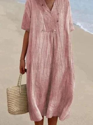 Vestido de mulher de linho com um V -Neck - mangá curto e corte relaxado