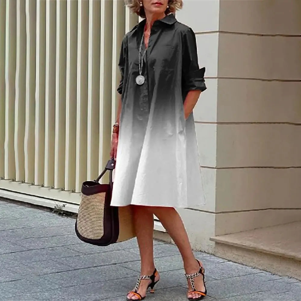 Damen Hemdkleid in A-Linie - geknöpft - lange Ärmel - klassischer Kragen - knielang