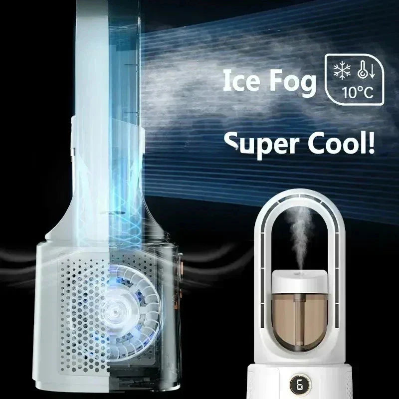 Fã de quarto sem lâminas com refrigeração devido à luz de spray e luz noturna - Miniventilador silencioso para dormir melhor no verão