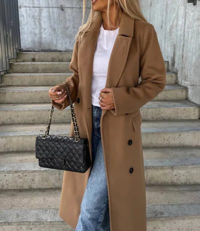 Elegante casaco de inverno para mulher, comprido, de dupla face, com cinto - perfeito para outono/inverno