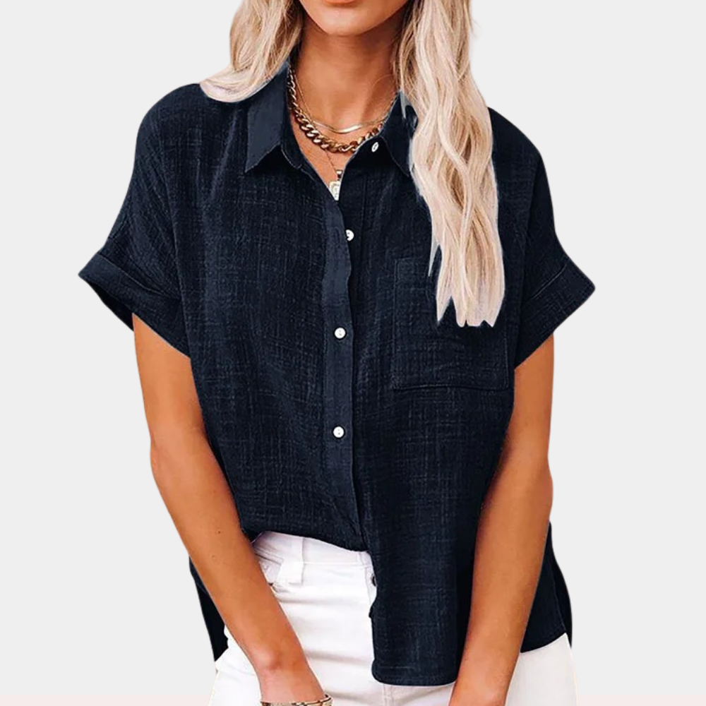 Camisa de linho abotoada feminina com bolso de patch