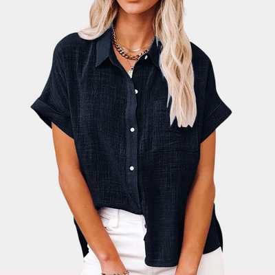 Camisa de linho abotoada feminina com bolso de patch
