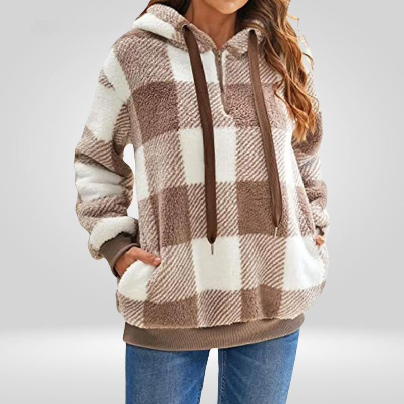 Petra | Sweat à capuche élégant pour femme avec demi-fermeture éclair et imprimé à carreaux