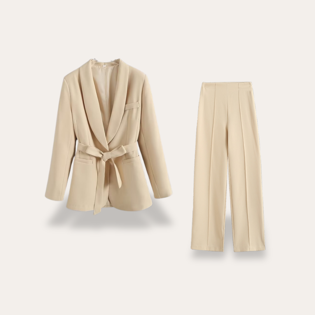 Damen Blazer mit Gürtel und Weitbein-Hosen, Zweiteiliges Set