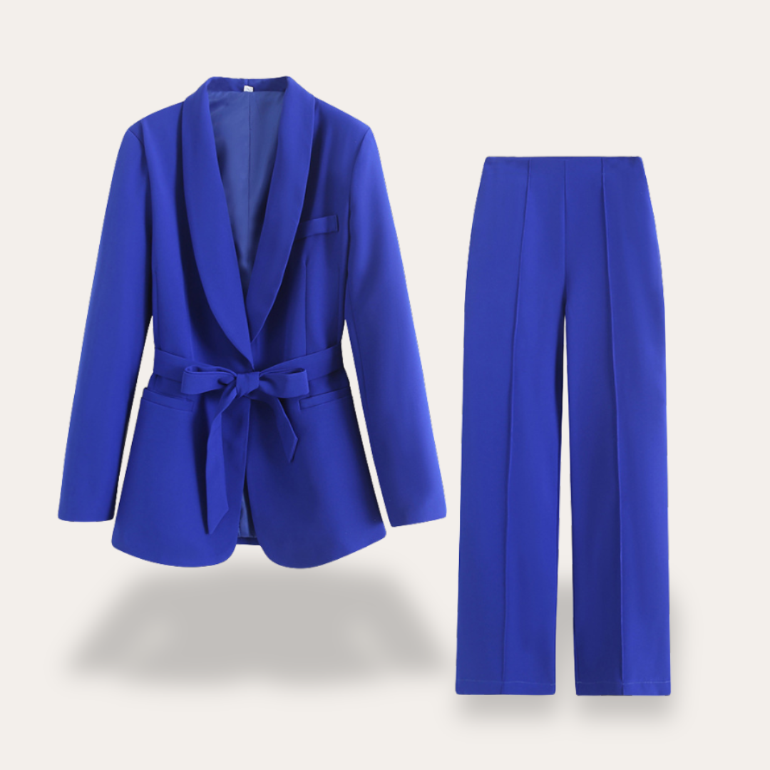 Damen Blazer mit Gürtel und Weitbein-Hosen, Zweiteiliges Set