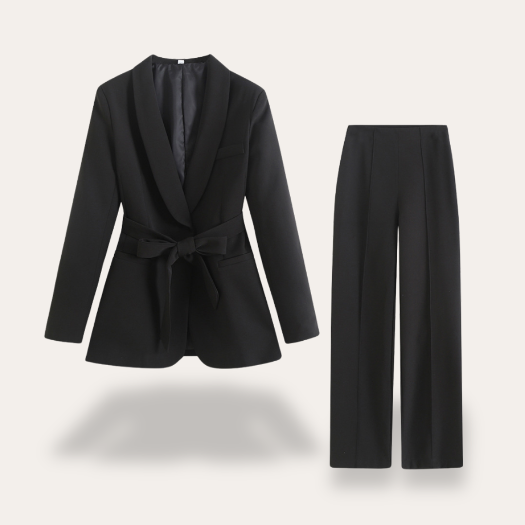Damen Blazer mit Gürtel und Weitbein-Hosen, Zweiteiliges Set