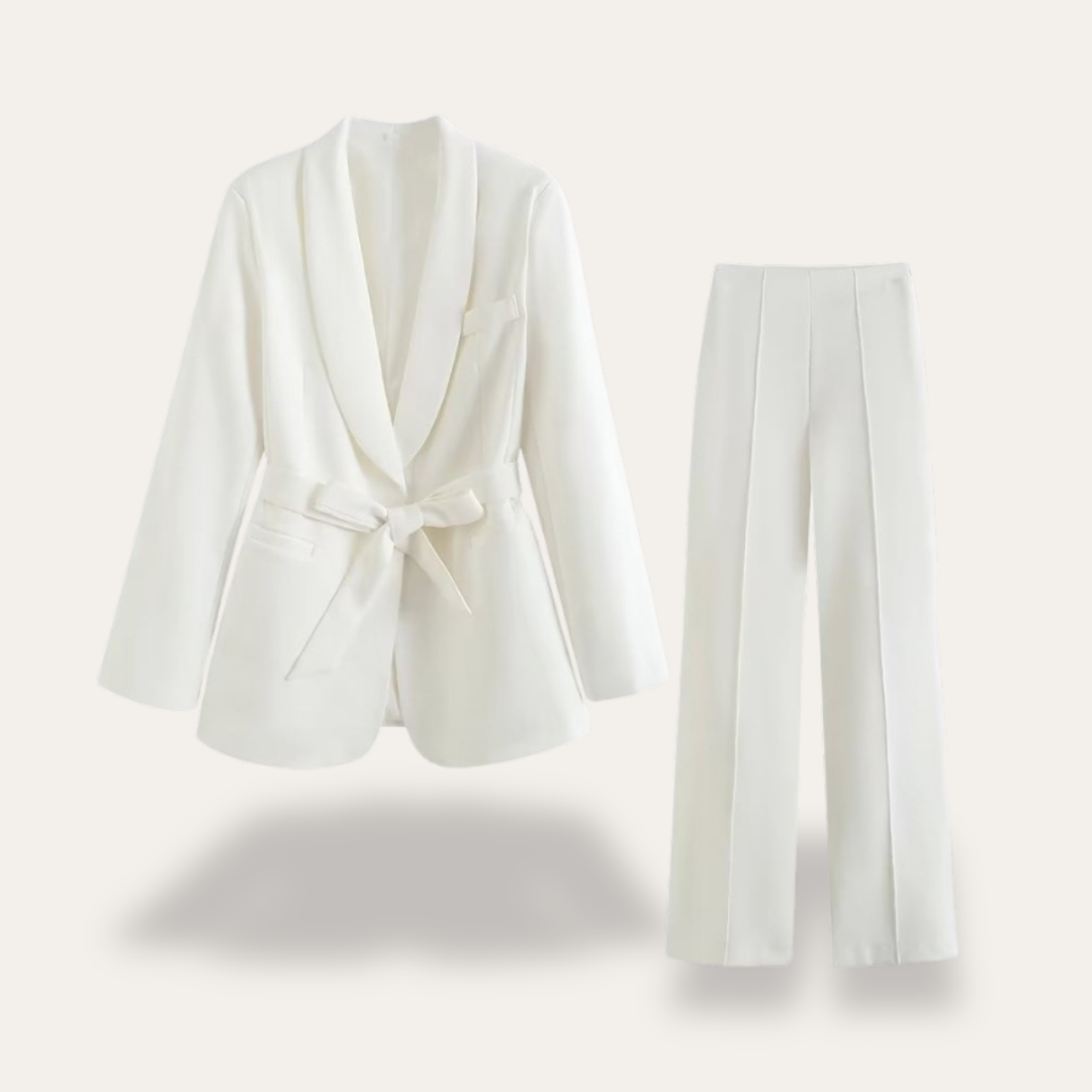 Damen Blazer mit Gürtel und Weitbein-Hosen, Zweiteiliges Set